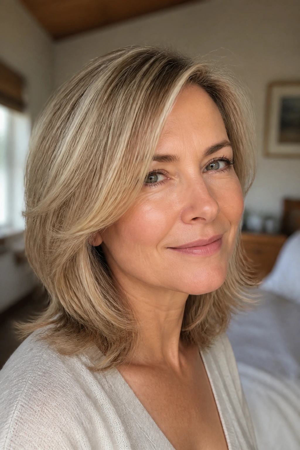 Close-up portrait of a real woman with fine hair displaying feathered ends in soft window light.