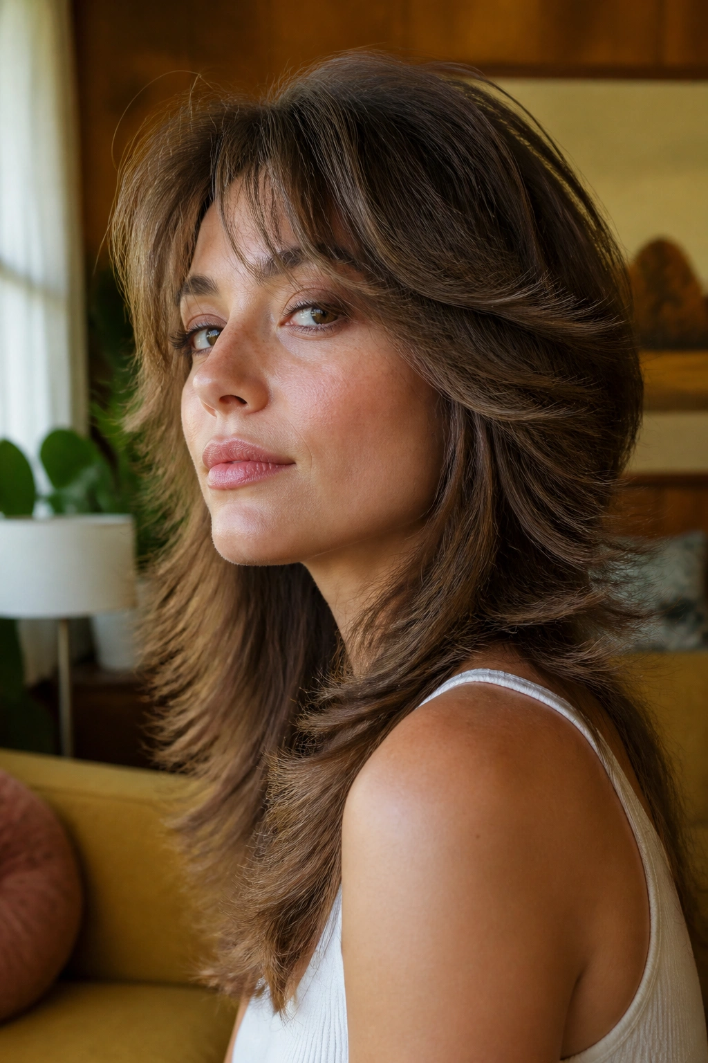 Close-up of a real woman with feathered seventies mullet