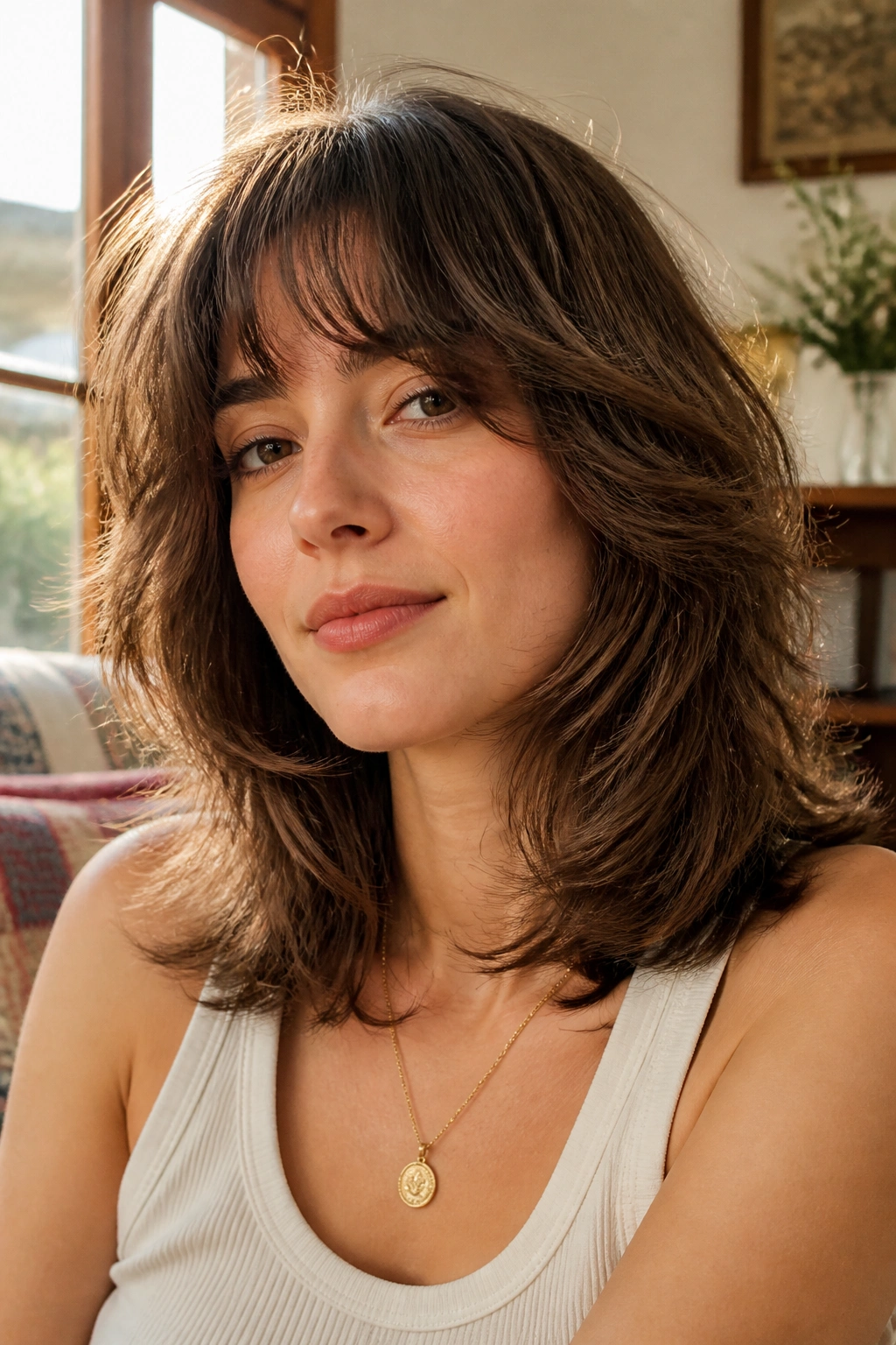 Portrait of a real woman with Feathered 70s Shag with Airy Ends featuring shoulder-length feathered layers