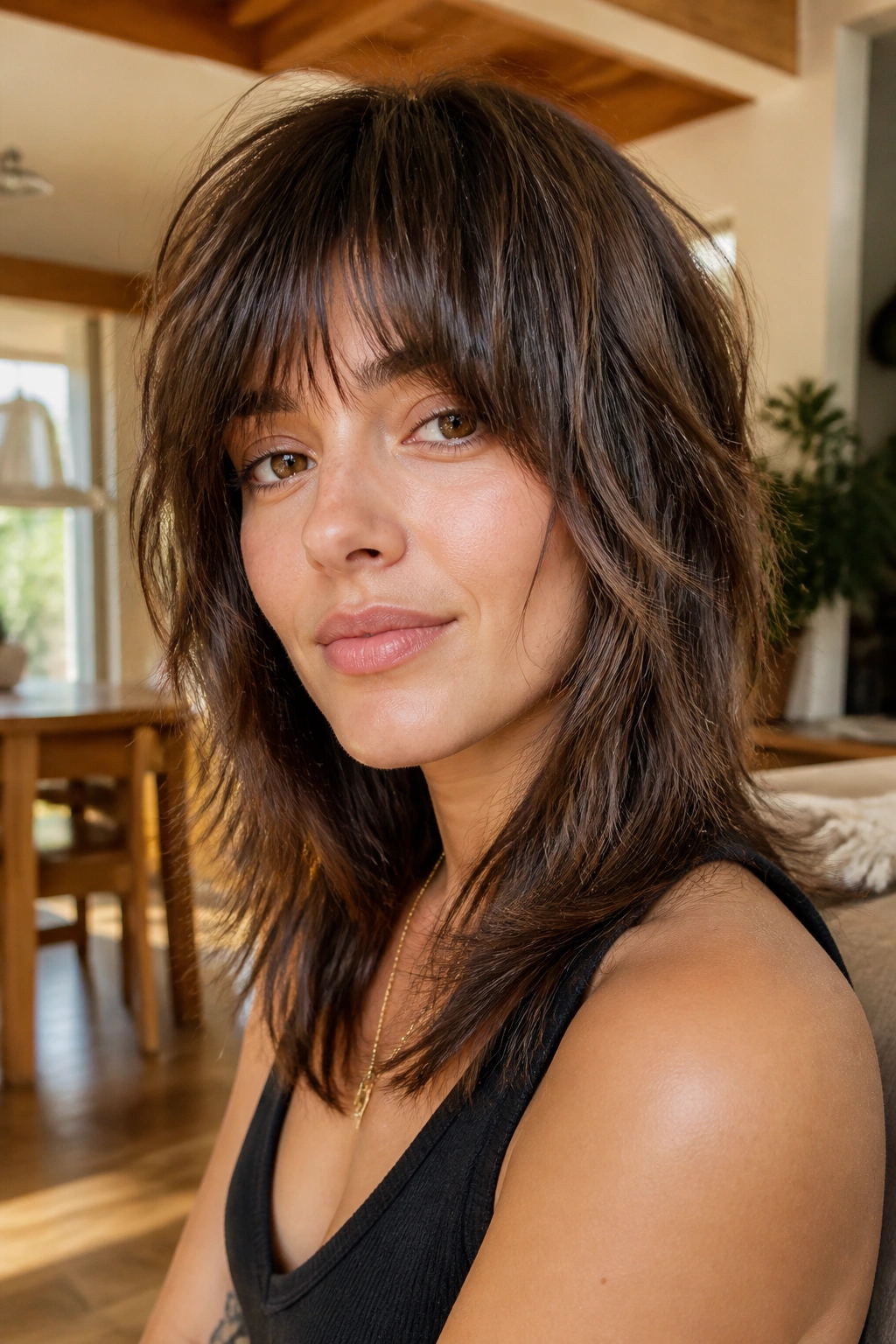 Close-up of a woman with feathered shag bangs and broken texture