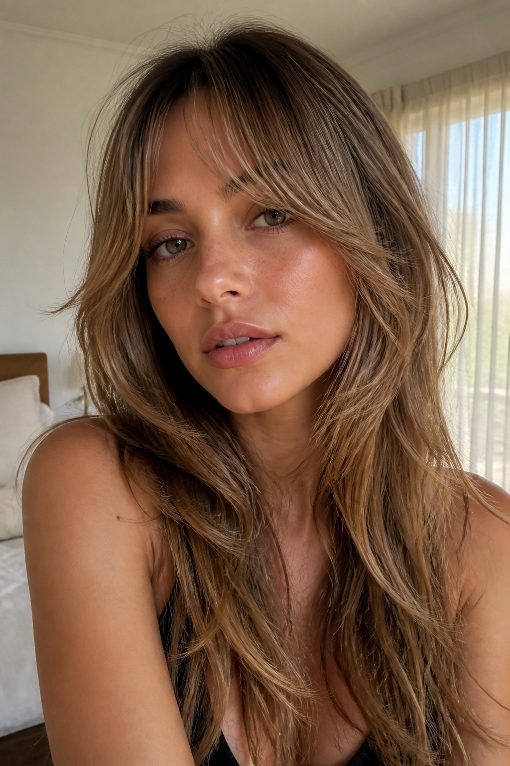 Close-up of a real woman with feathered shag and bottleneck bangs, cheeks framed.