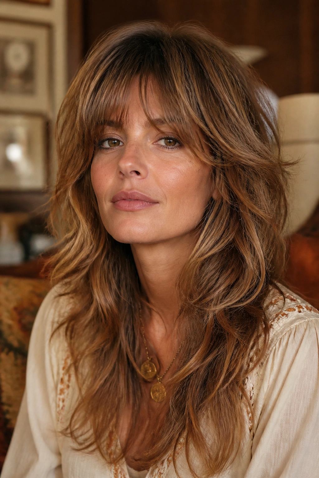 Portrait of a real woman with bottleneck bangs and feathered shag on wavy hair