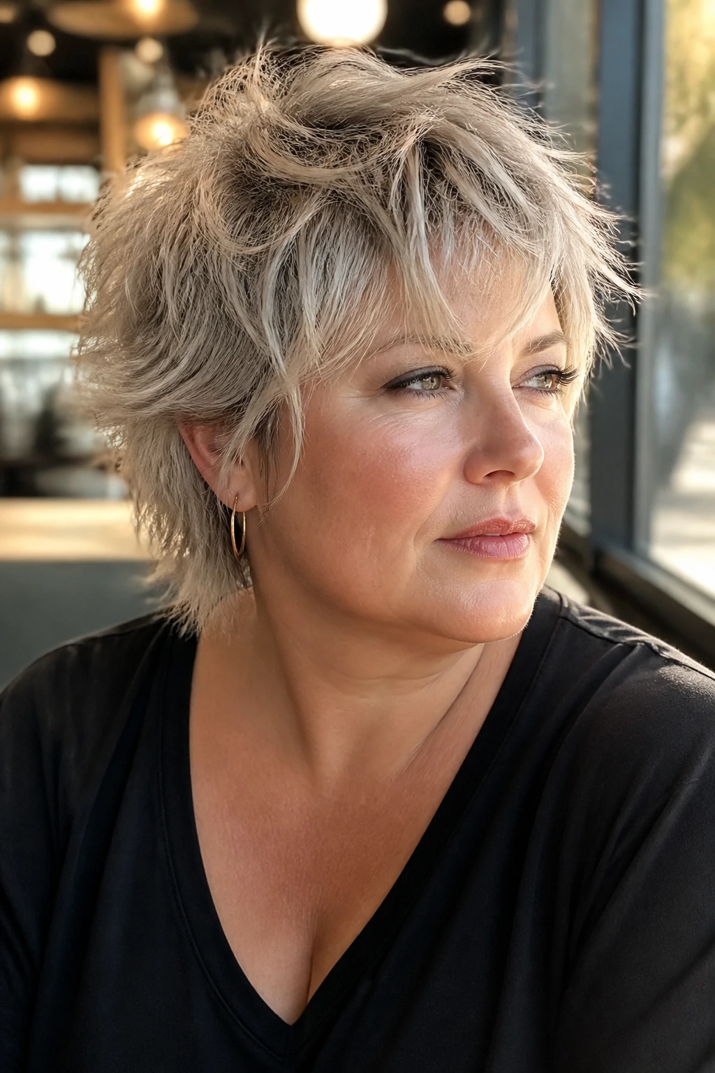Close-up of a real woman with a feathered shag crop creating soft movement and texture.
