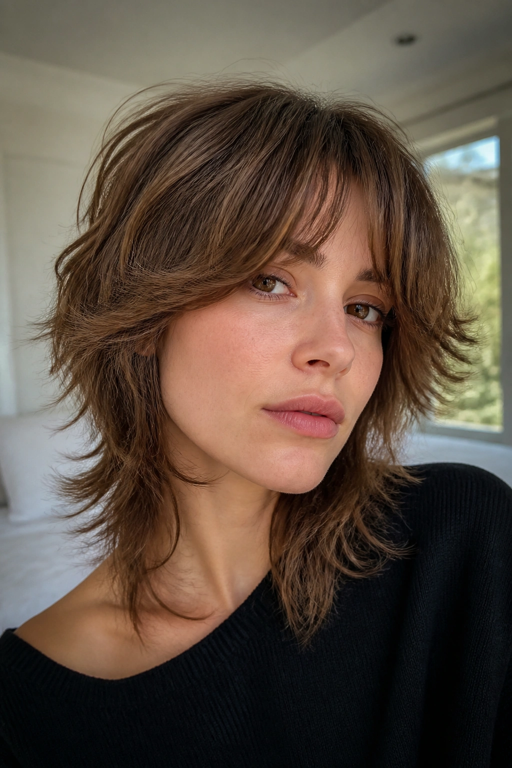 Close-up of a real woman with feathered shag and curtain bangs in a bright bedroom