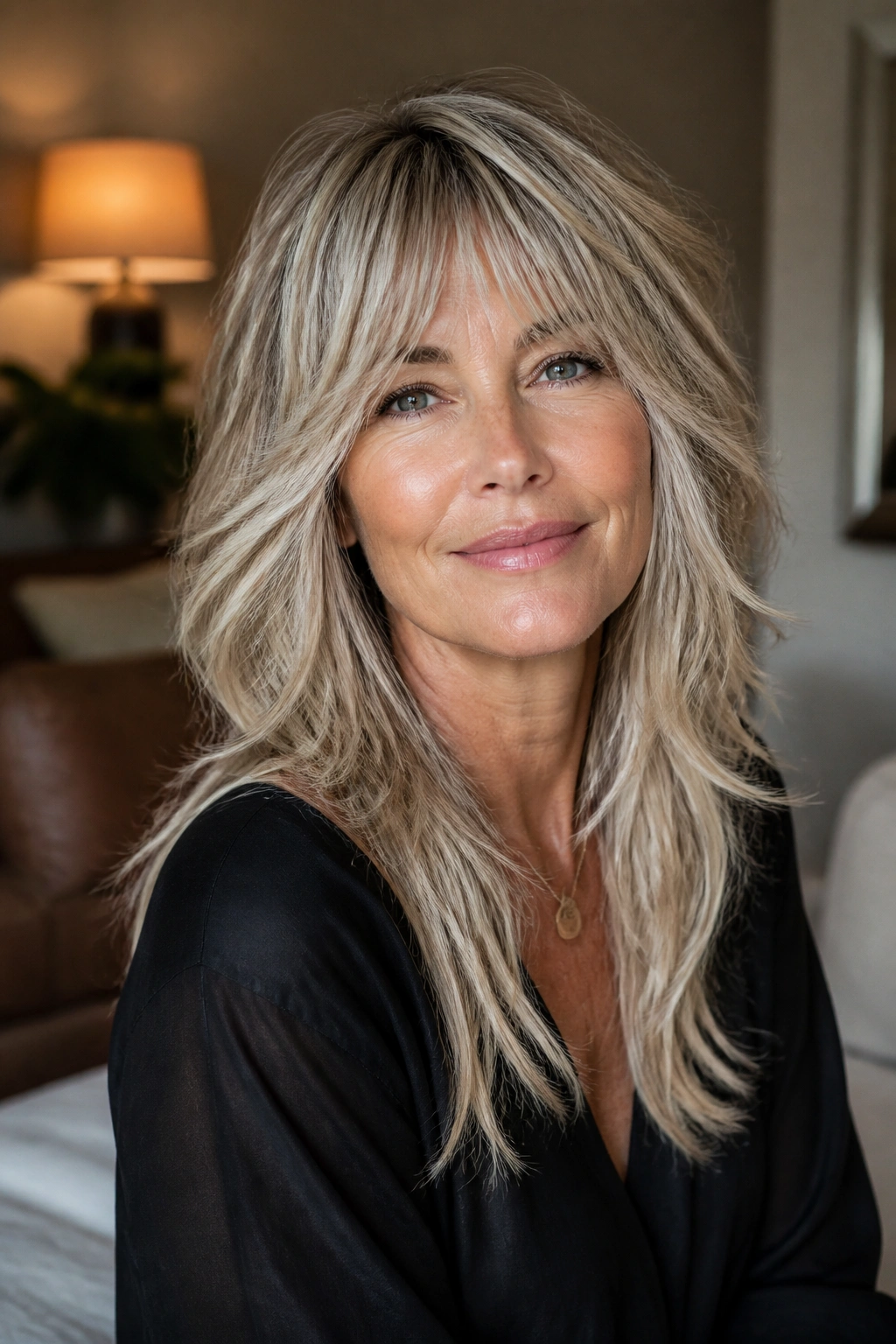 Close-up portrait of a real woman with feathered shag and long ends in cozy indoor lighting
