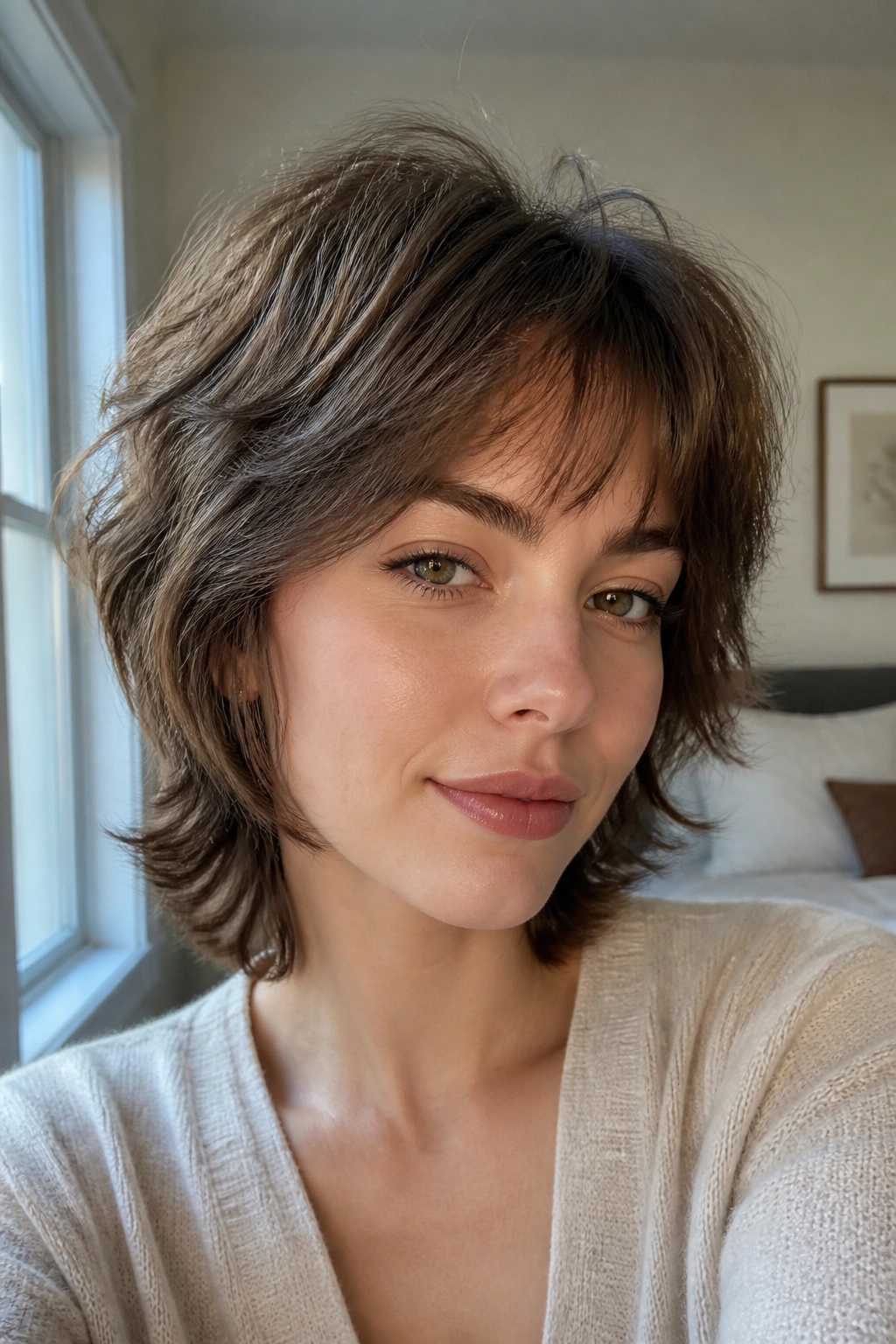 Close-up portrait of a real person with feathered shag for fine hair and lifted crown