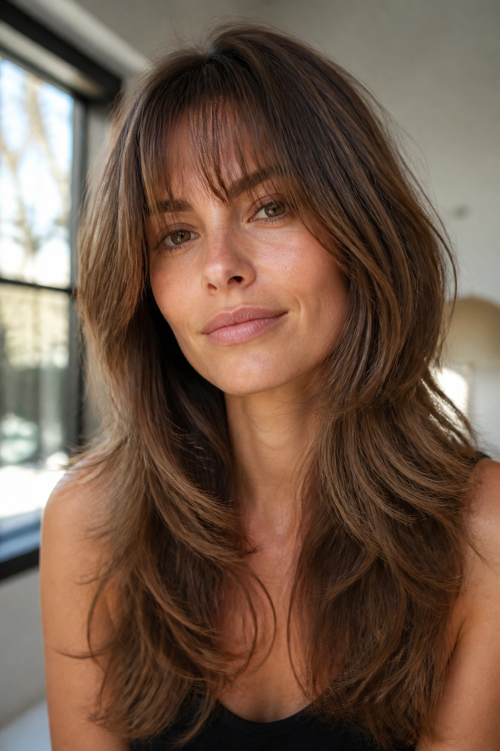 Close-up of a woman with feathered shag layers and airy fringe