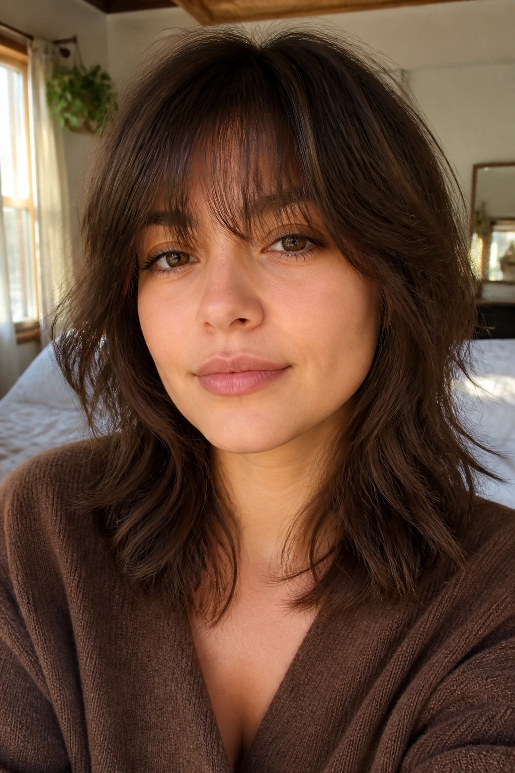 Close-up portrait of a real woman with feathered shag fringe softly framing the cheeks