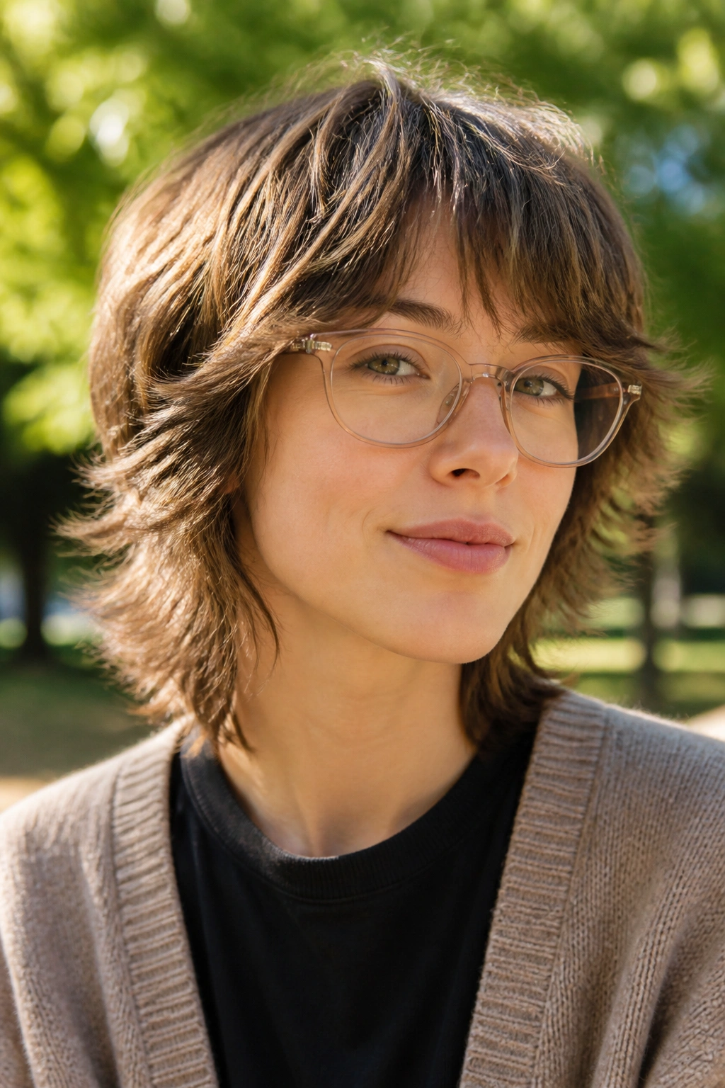 Portrait of a person with a feathered shag and movement around glasses in a park.