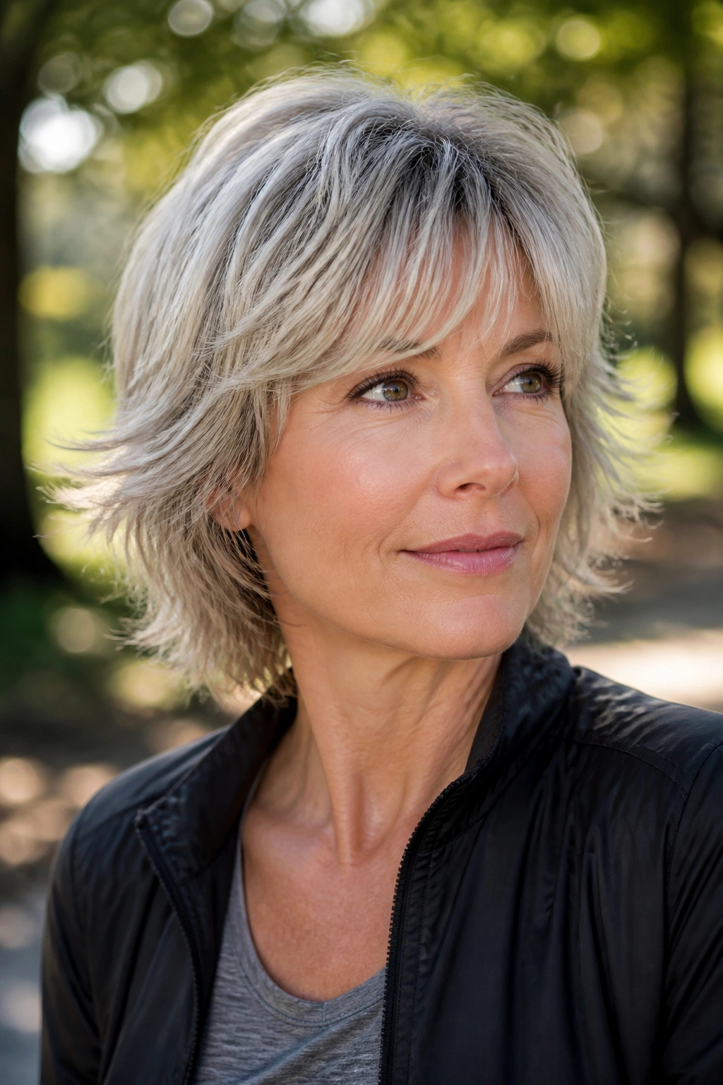 Close-up of a real woman with feathered shag and light fringe