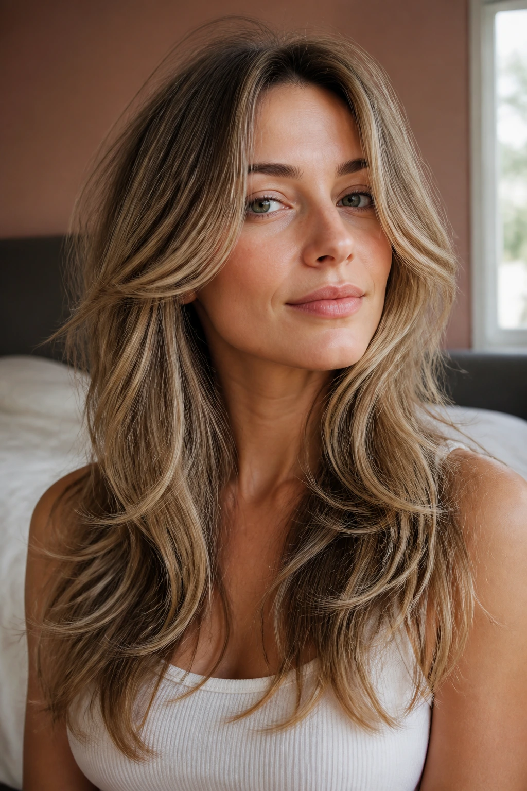 Close-up portrait of a real woman with soft feathered long shag hair without bangs in a warm bedroom.