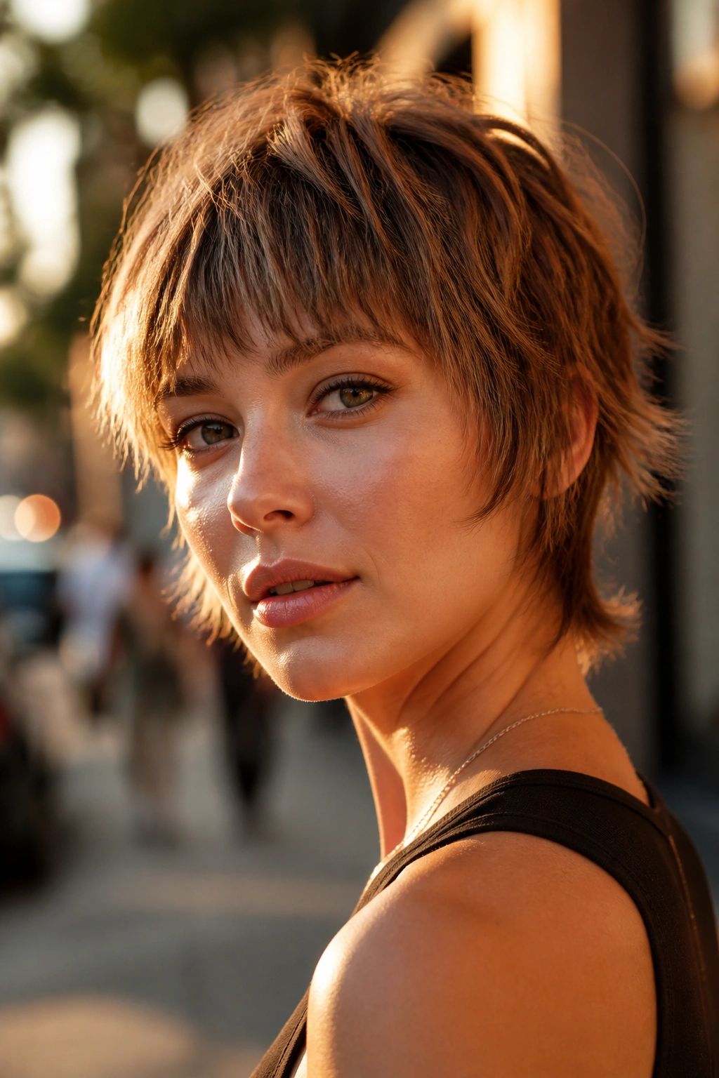 Close-up of a real person with feathered micro shag and wispy ends in urban glow.