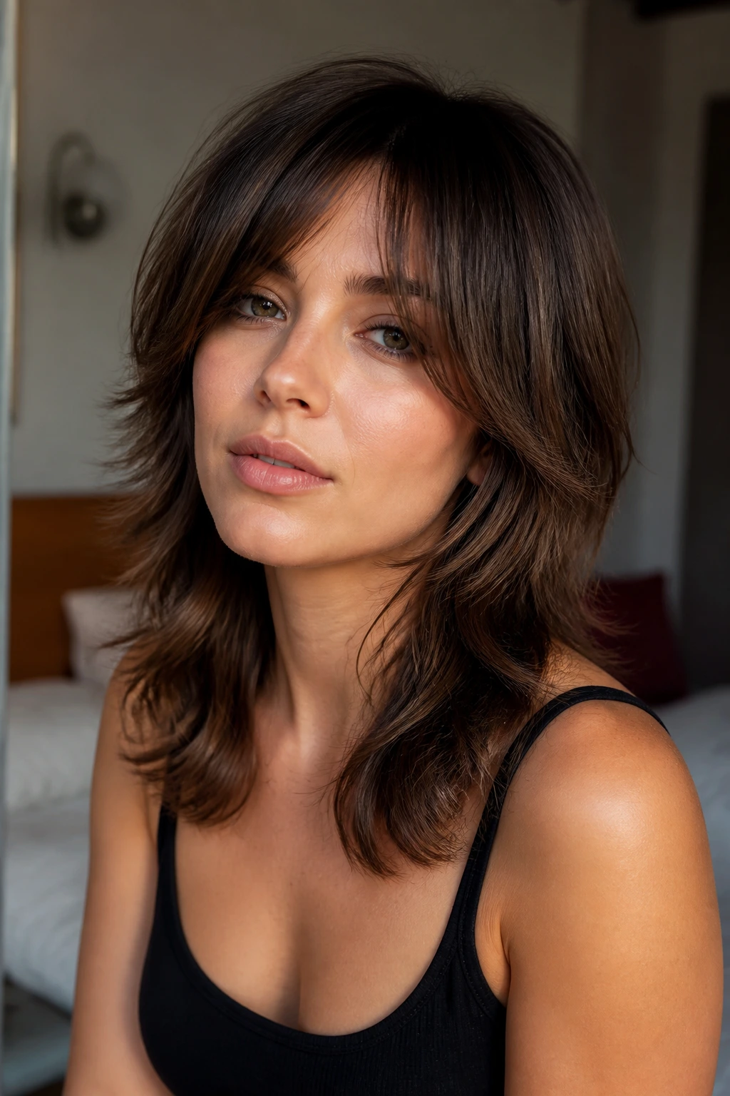 Close-up portrait of a real woman with a mid-length feathered shag showing cheekbone-length layers and wispy ends in soft window light