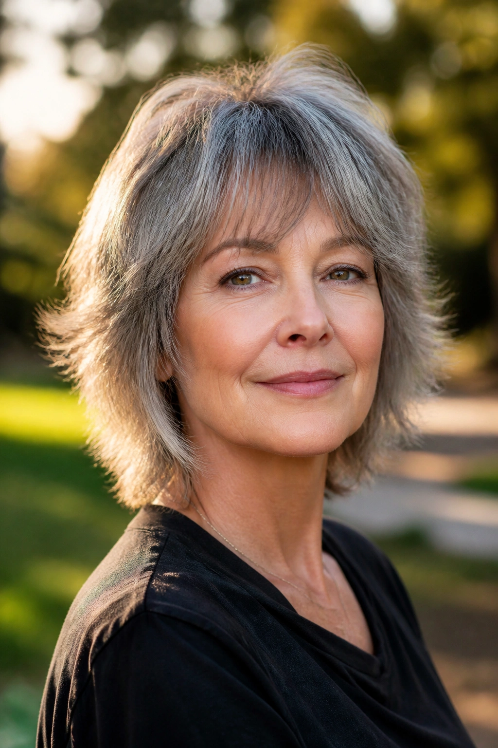 Close-up of a real 60s woman with feathered shag hairstyle in park lighting
