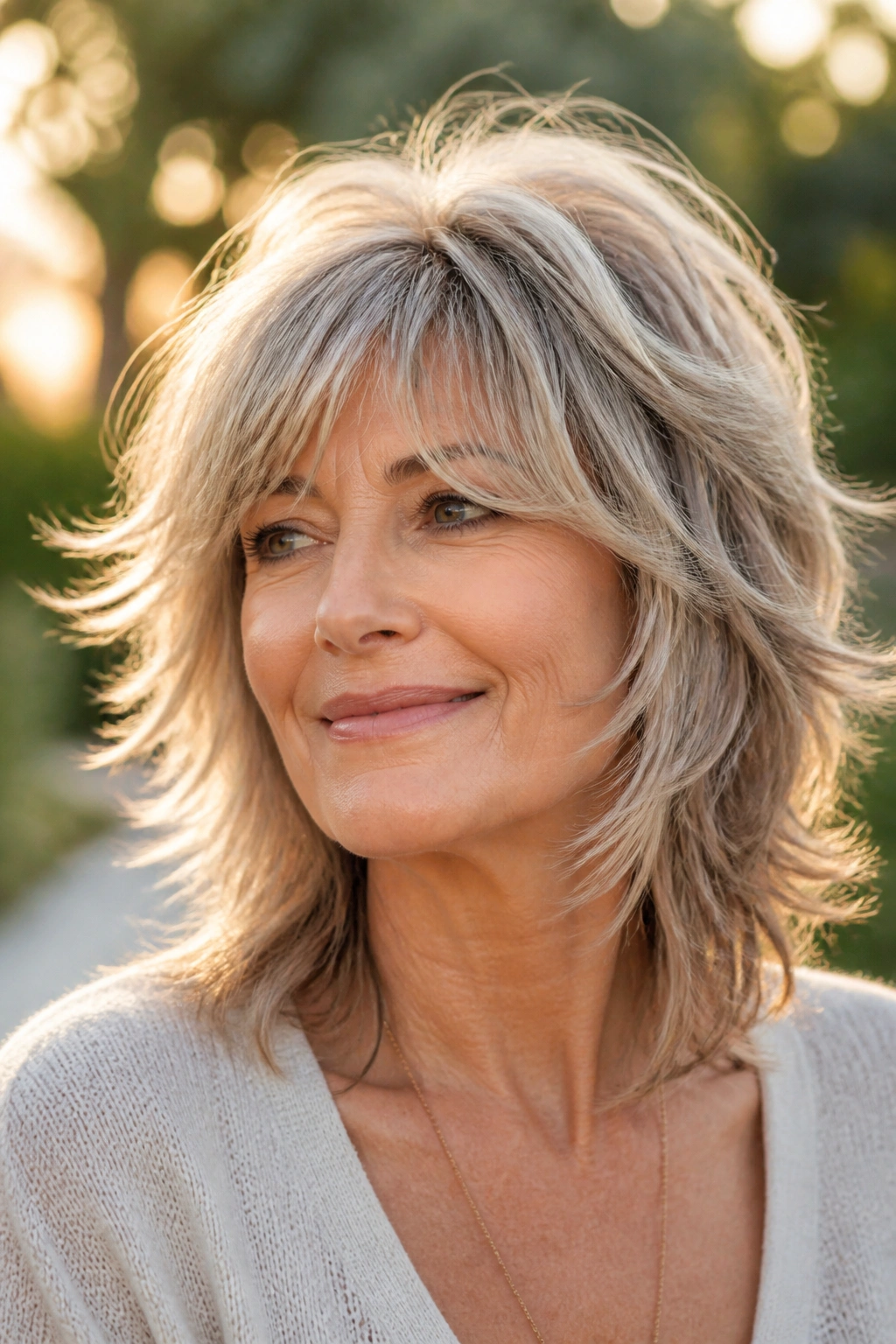 Close-up portrait of a woman with a feathered shag in outdoor golden hour light