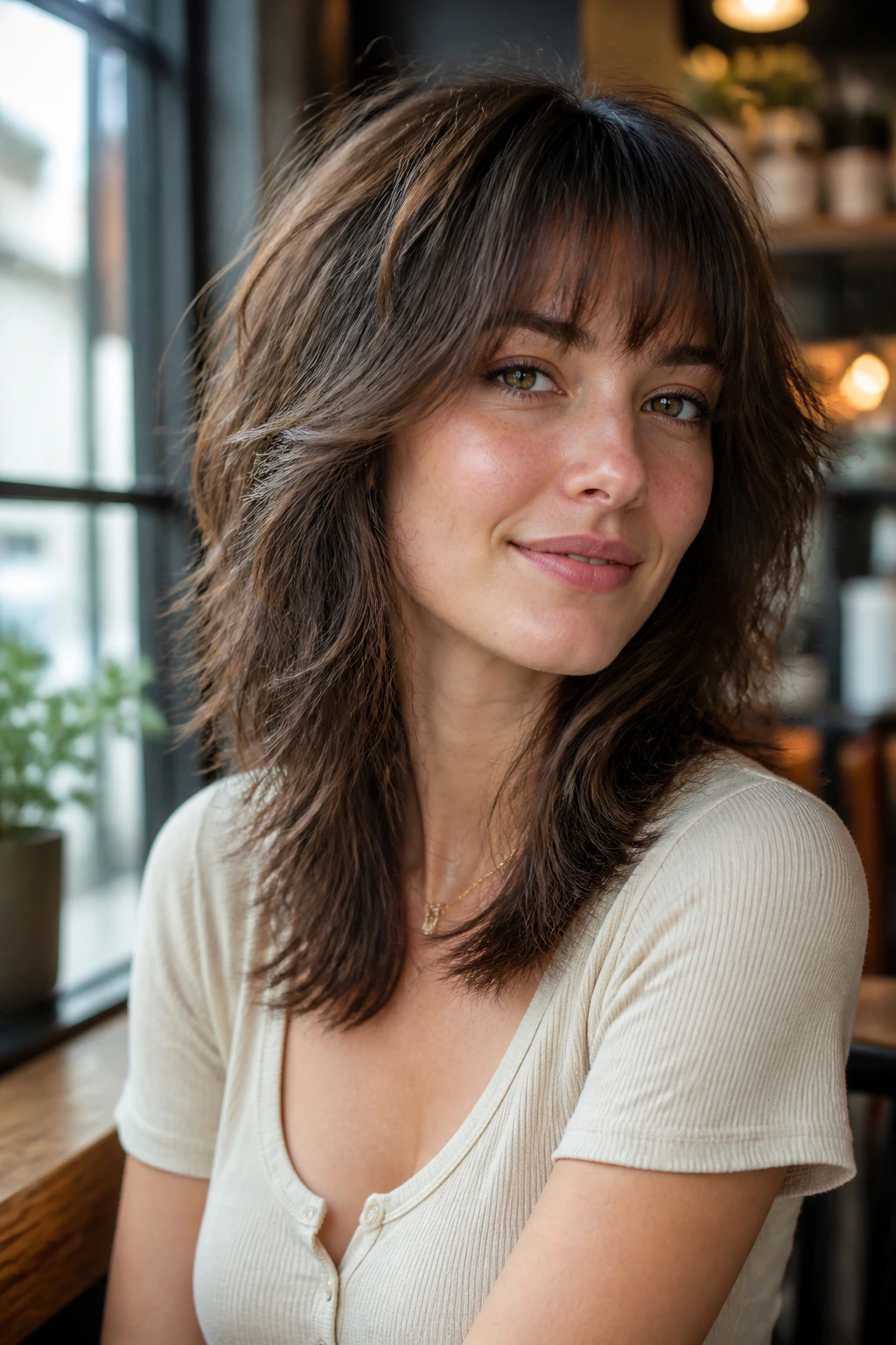 Portrait of a real woman with feathered shag and soft fringe in a cafe setting.