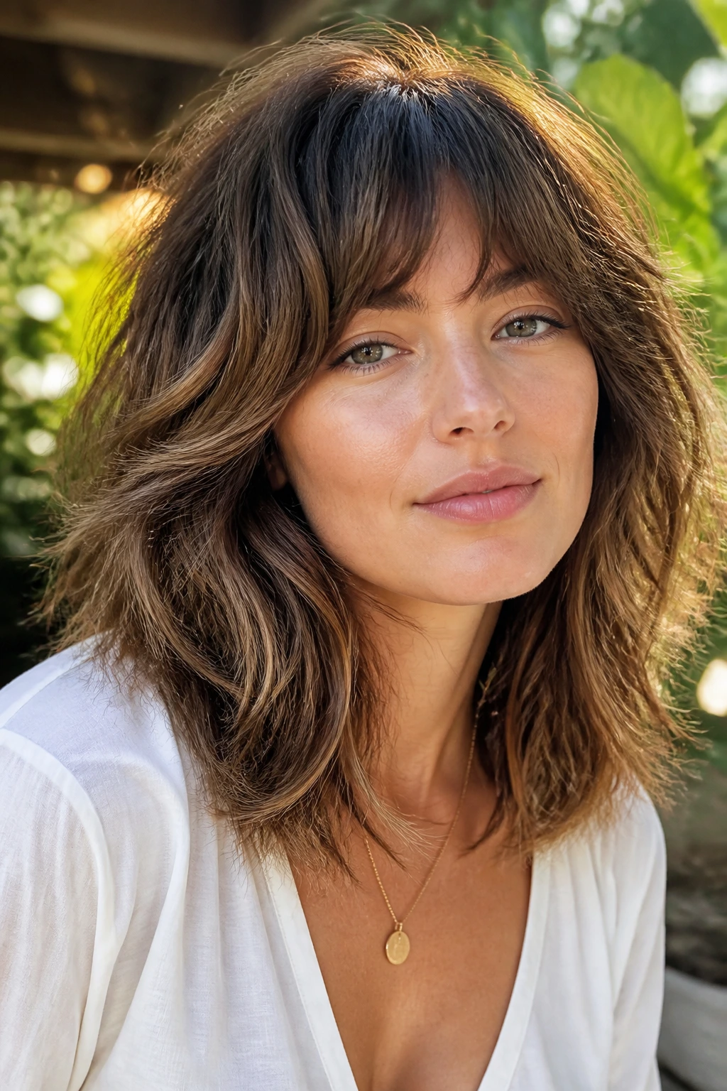 Portrait of a real woman with feathered shag and tapered ends at shoulder length.
