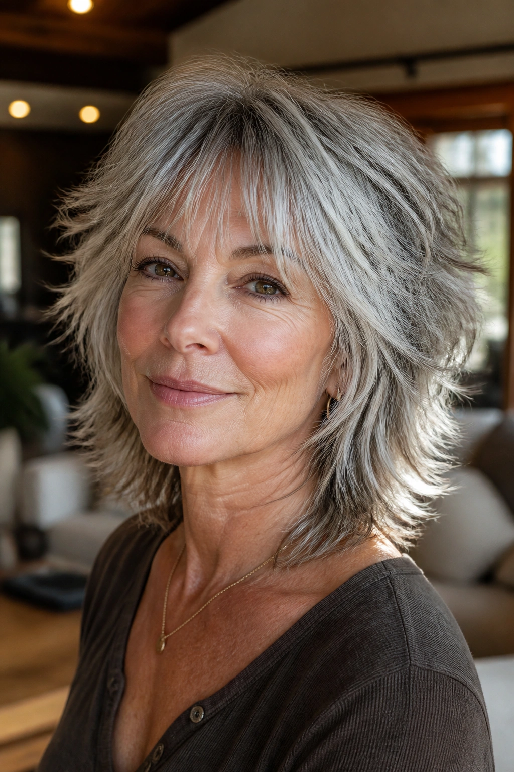 Close-up of a real woman with a feathered shag and wispy bangs in a cozy living room setting.