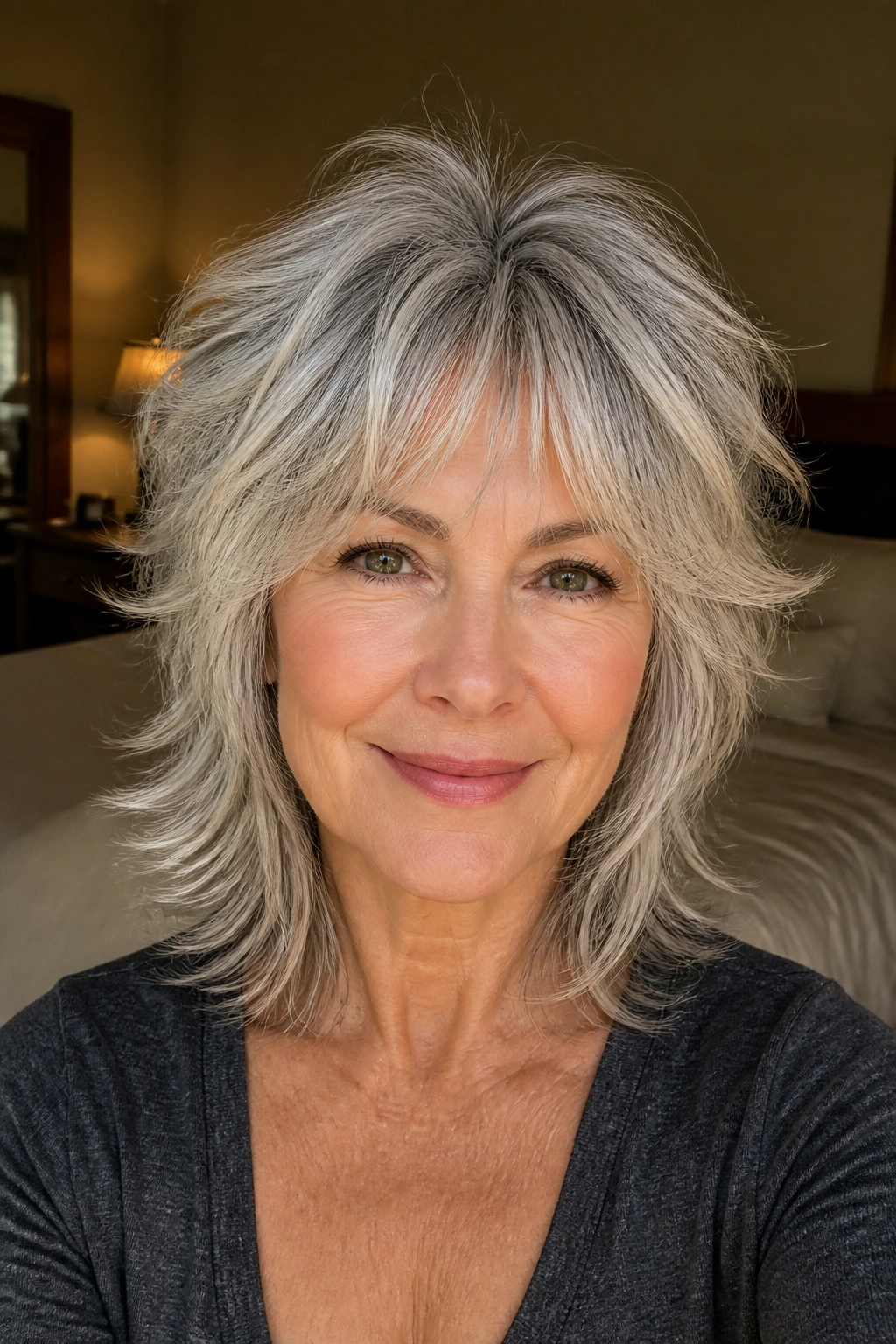 Close-up of a woman with a feathered shag and wispy ends.