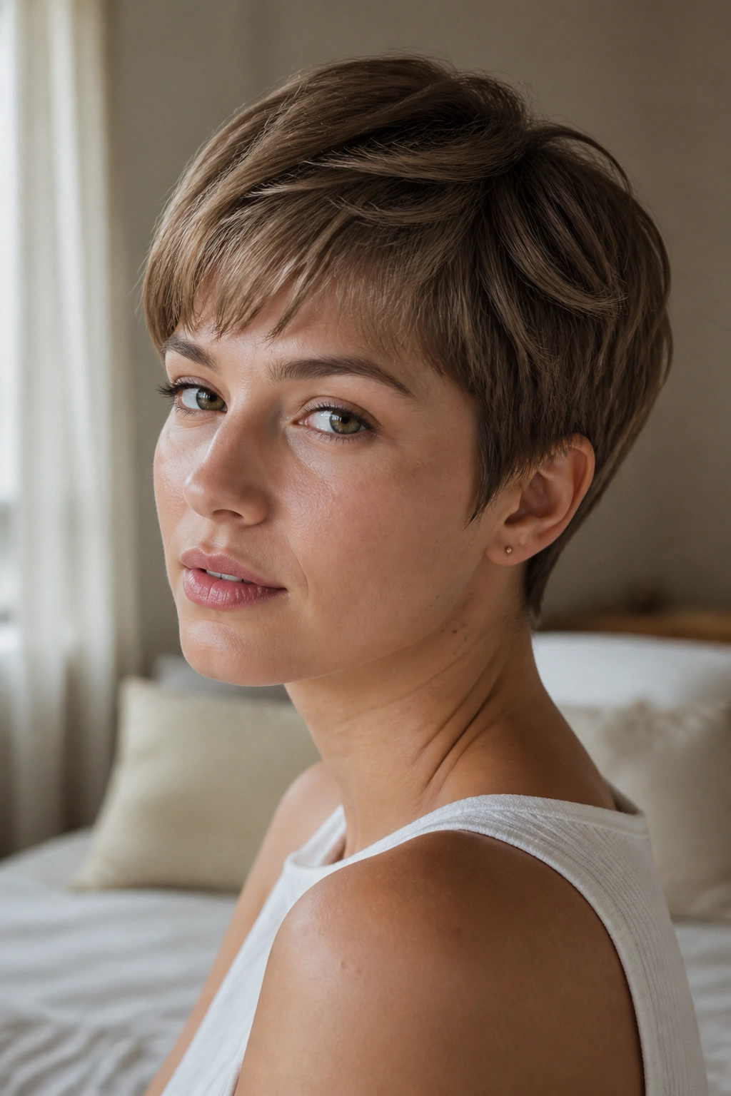 Close-up portrait of a real person with a feathered short crop hairstyle under warm window light