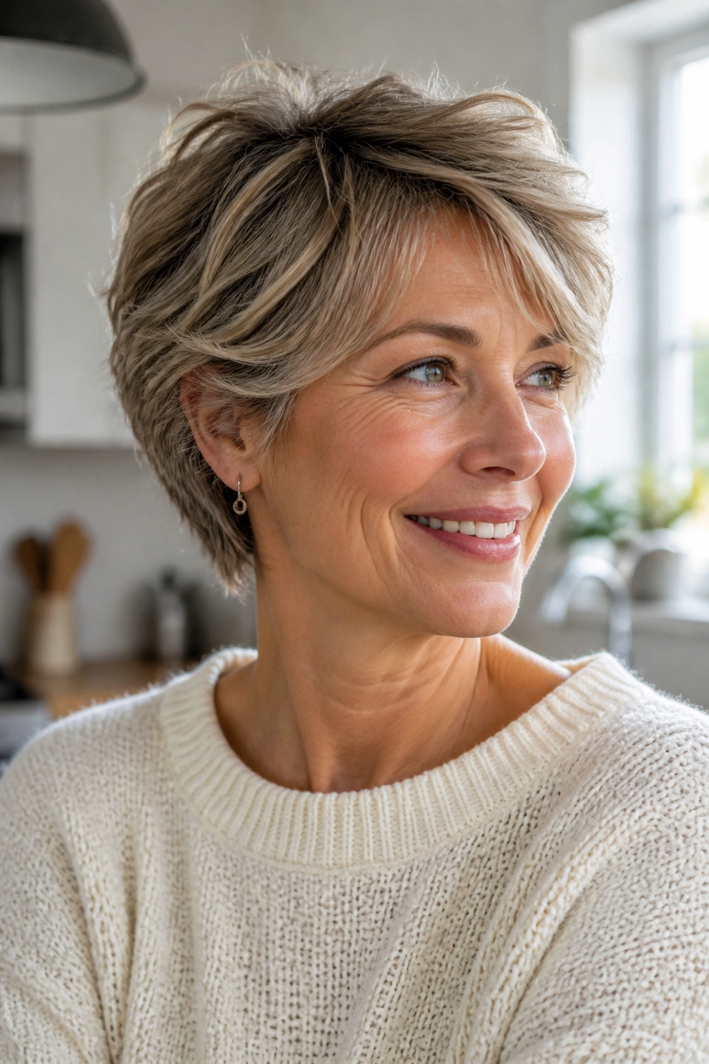 Close-up of a real woman with a feathered short cut.