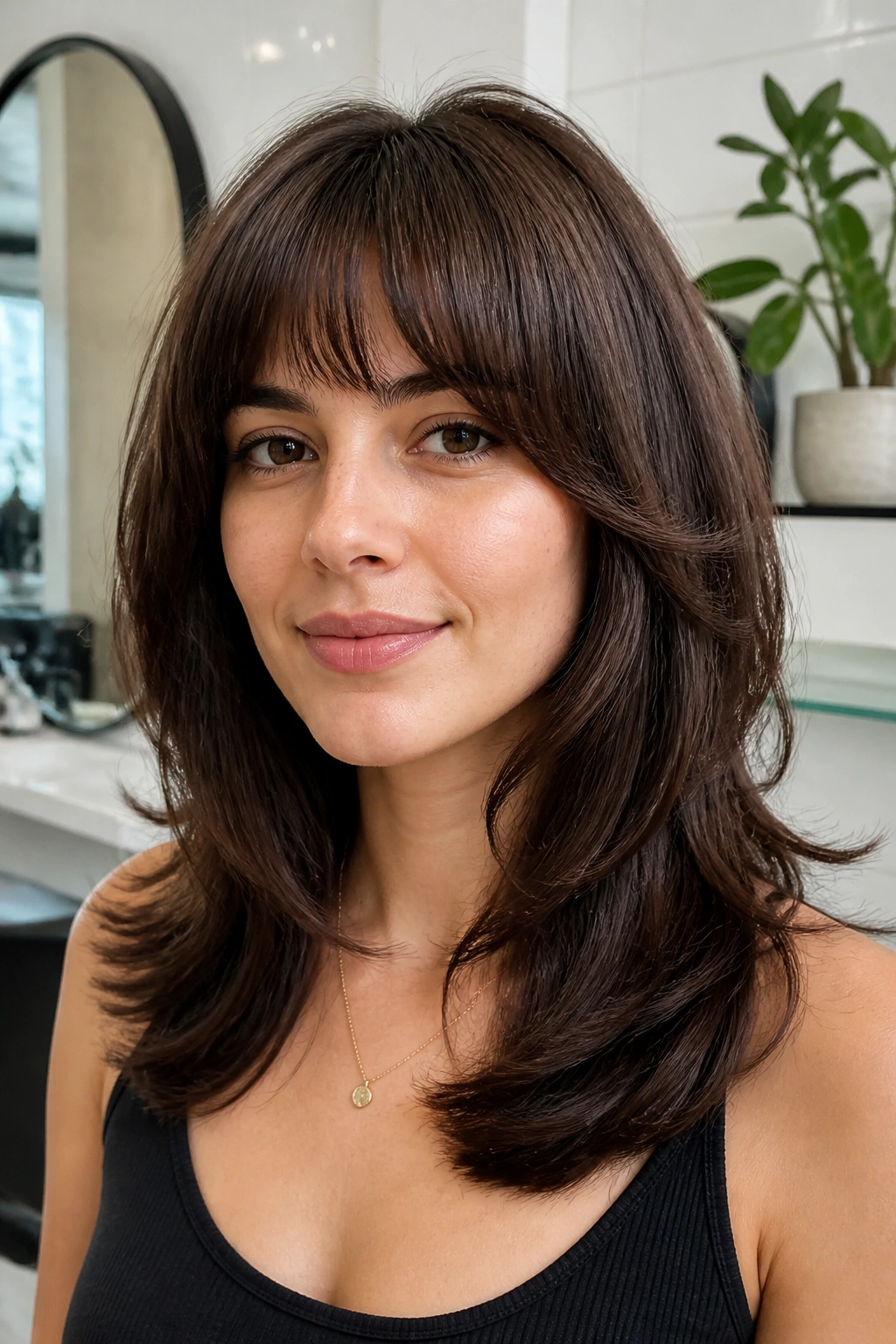 Close-up of real woman with feathered shoulder cut and rounded bangs in a bright salon
