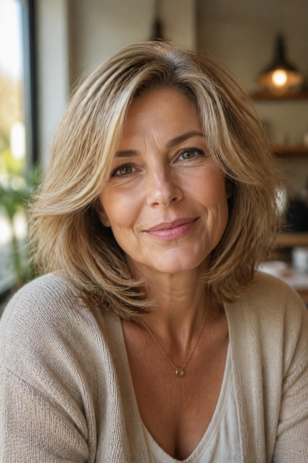 Close-up of a real woman in her 50s with shoulder-length feathered layers framed by window light