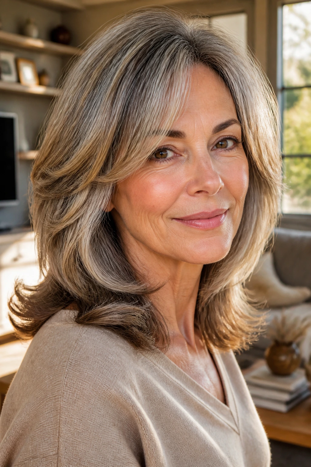 Close-up of a woman with a feathered shoulder-length cut in warm light.