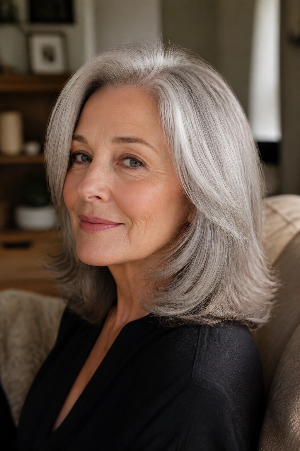 Close-up portrait of a real woman with shoulder-length feathered cut