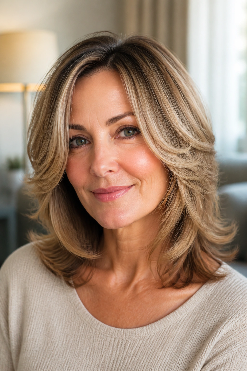 Close-up of a woman with a feathered shoulder cut catching soft natural light