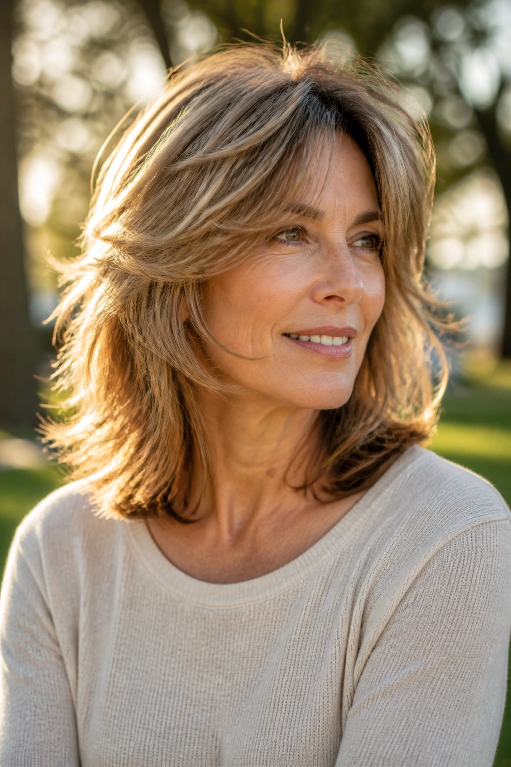 Close-up portrait of a real woman with a feathered shoulder-length cut showing airy layers.
