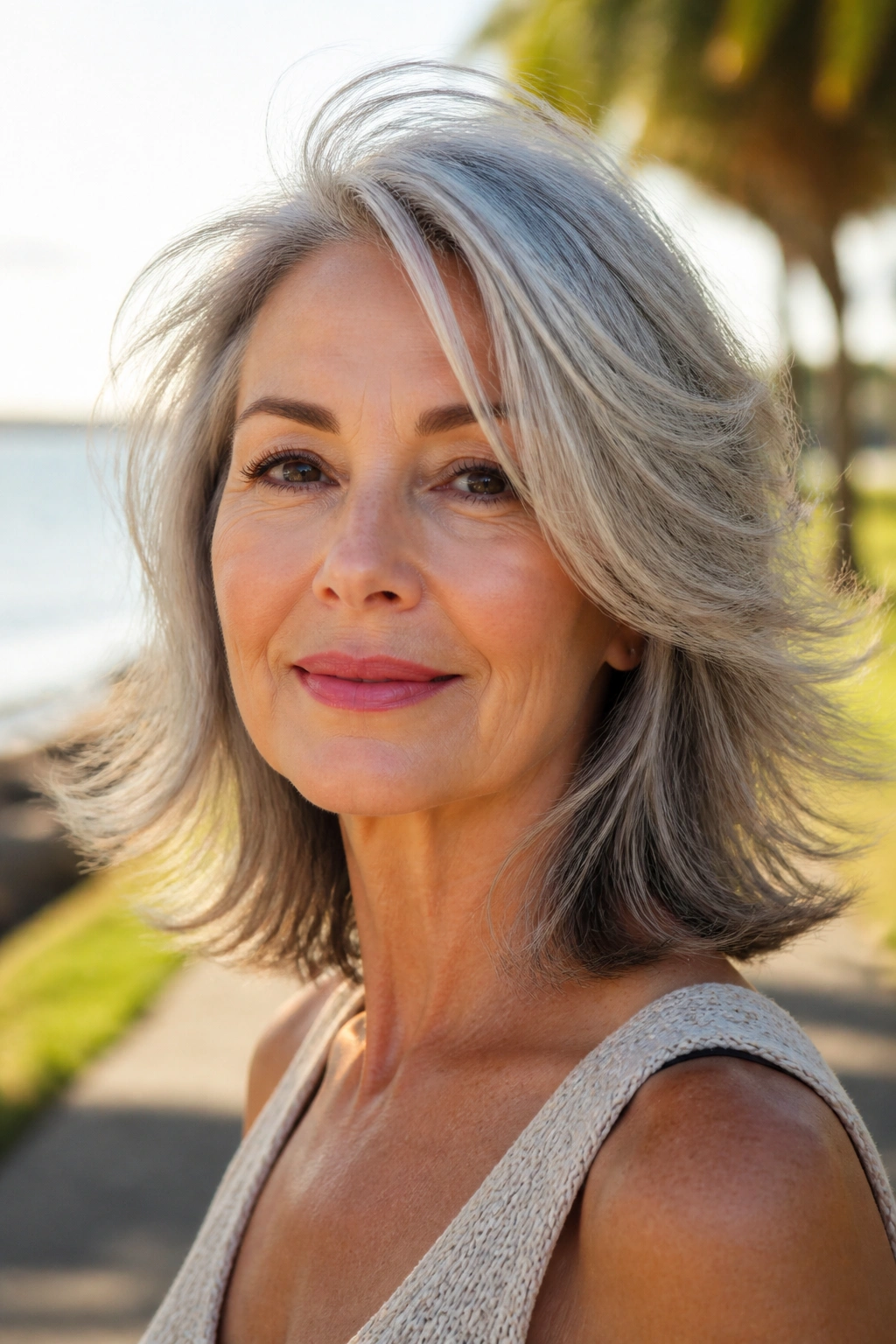 Close-up of a mature woman with feathered shoulder-length cut in breeze