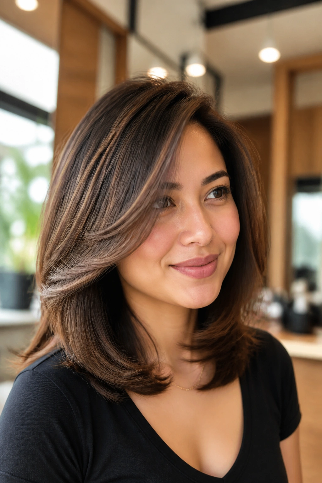 Feathered shoulder cut with side part on real woman, close-up salon portrait