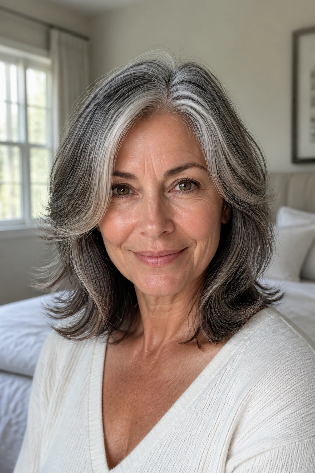 Portrait of a real woman with feathered shoulder-length salt-and-pepper hair.