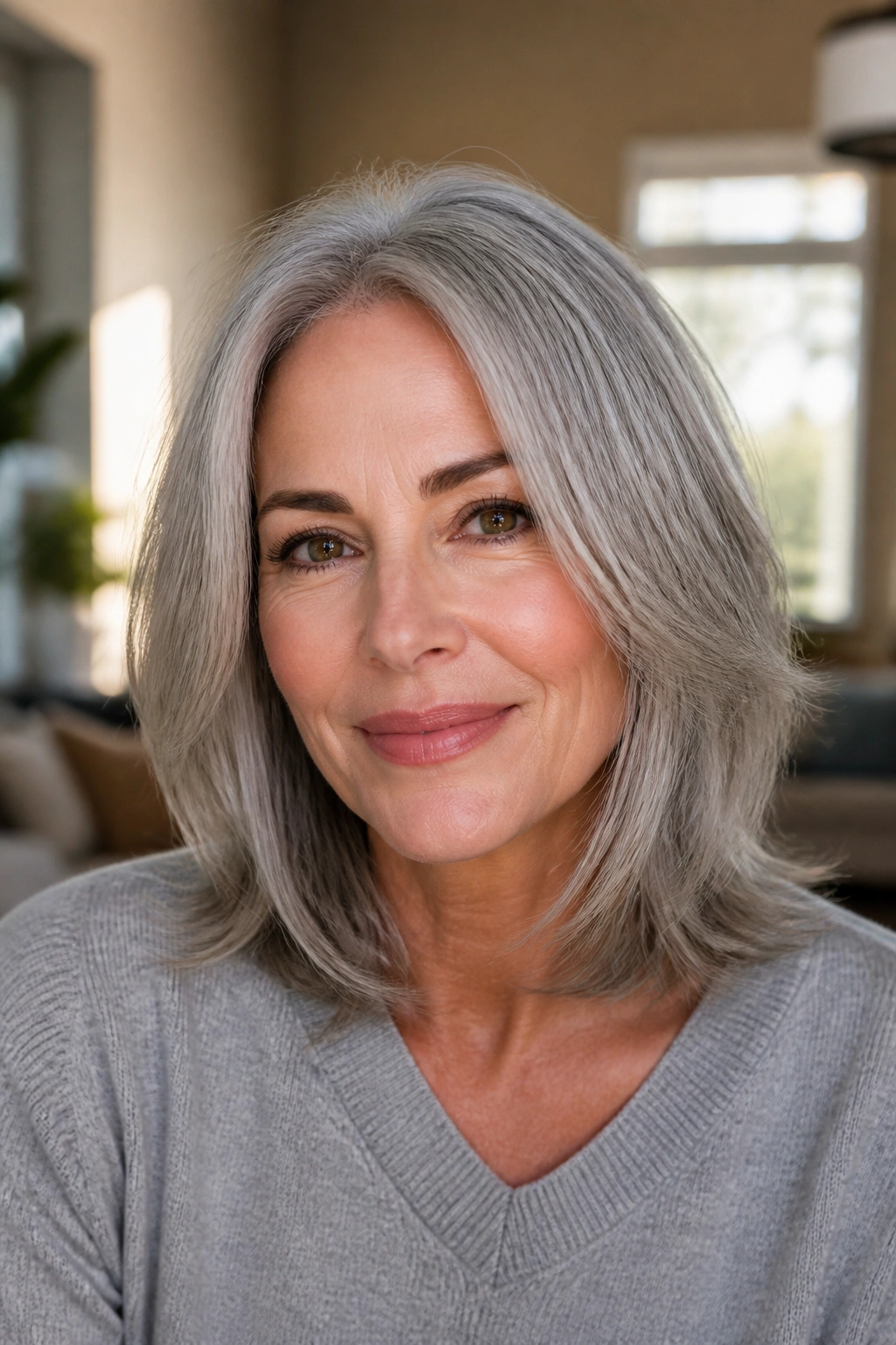Close-up portrait of a real woman with shoulder-length lob and feathered ends in grey hair