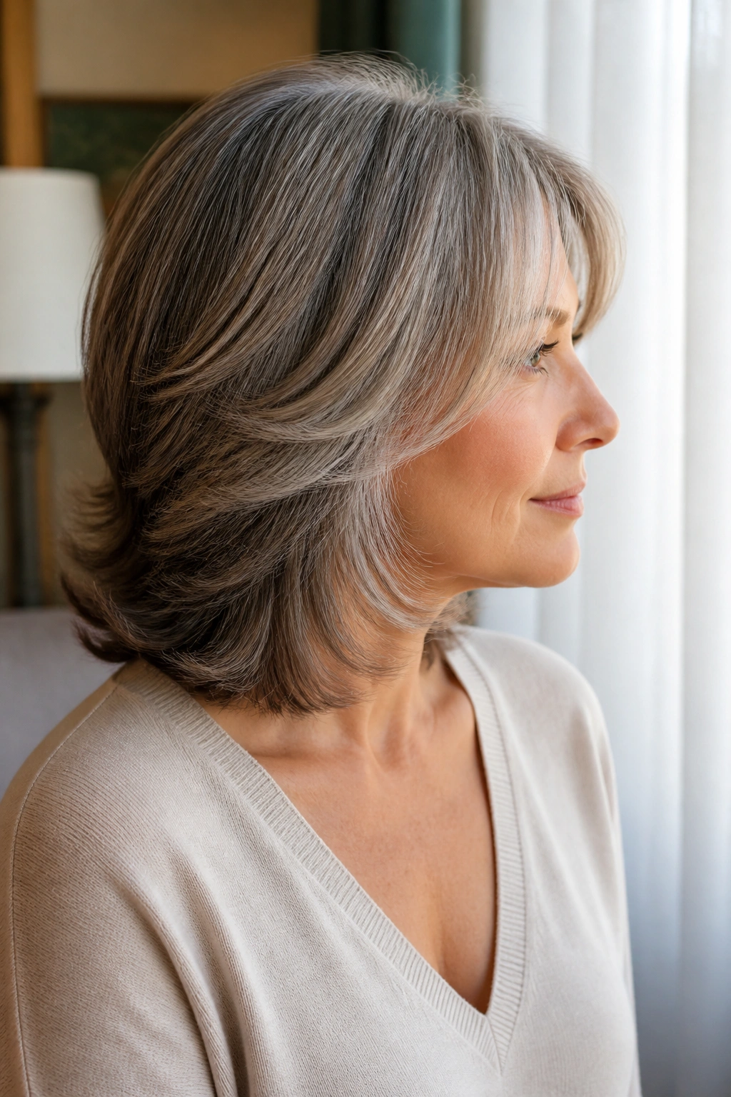 Side-profile of a real woman with feathered shoulder-length hair and soft layers.