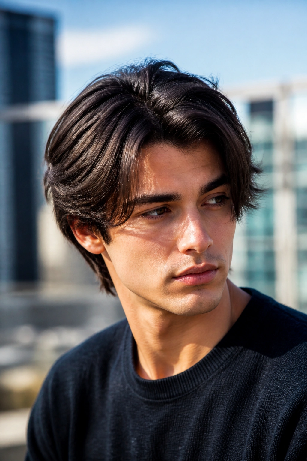 Close-up portrait of a man with feathered side part on straight hair