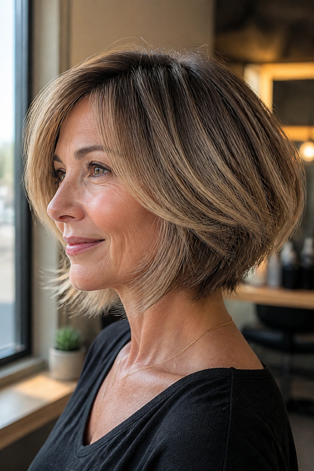 Close-up of a real woman with a feathered stacked bob and airy ends with nape lift