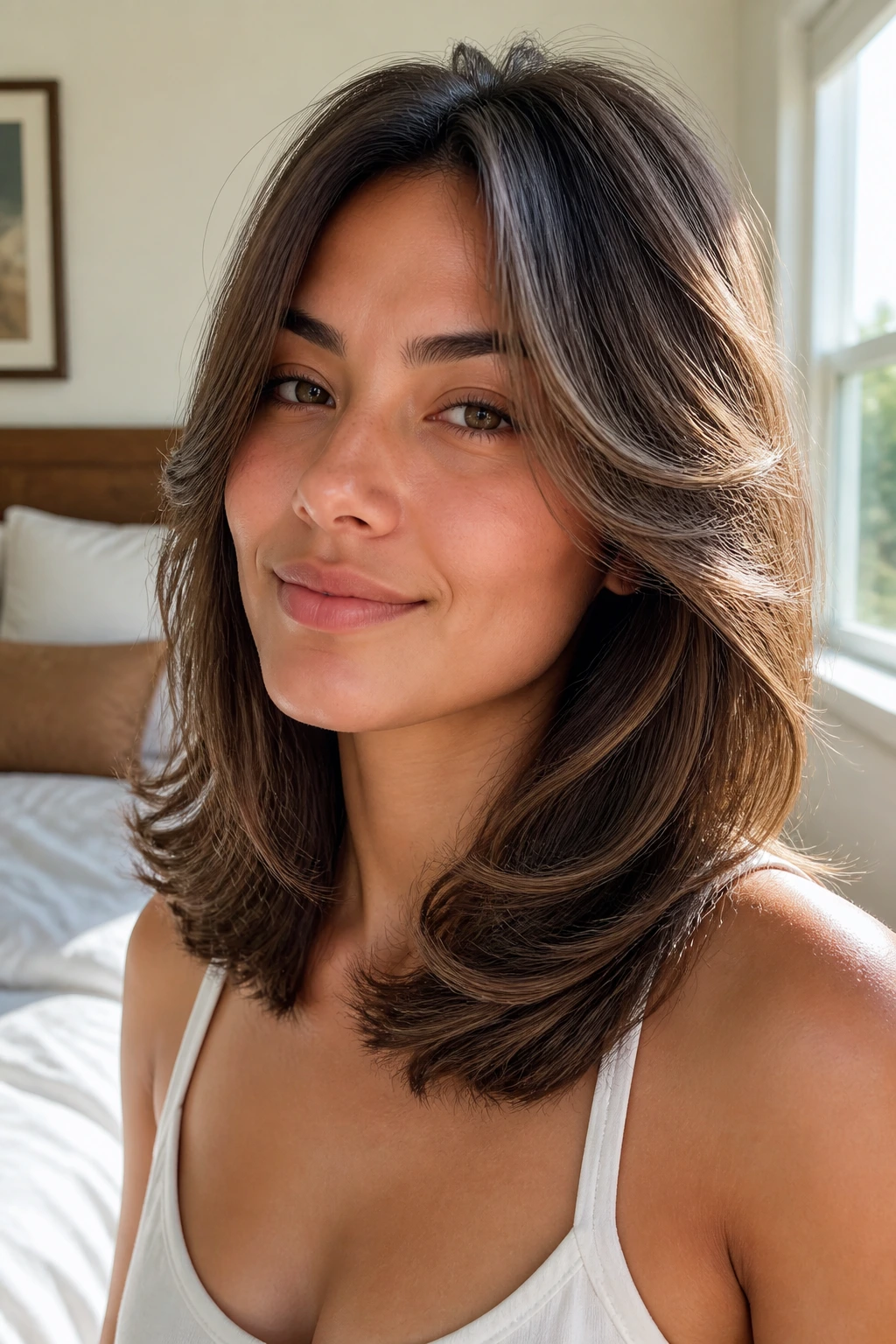 Close-up of feathered step cut ends directed away from the face on a real woman