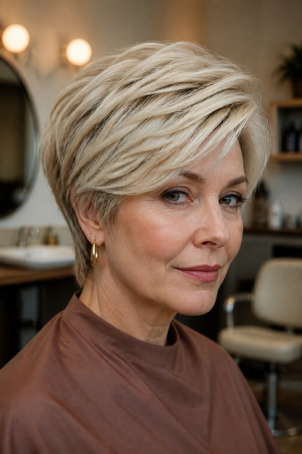 Close-up of a real woman with a feathered wedge cut.