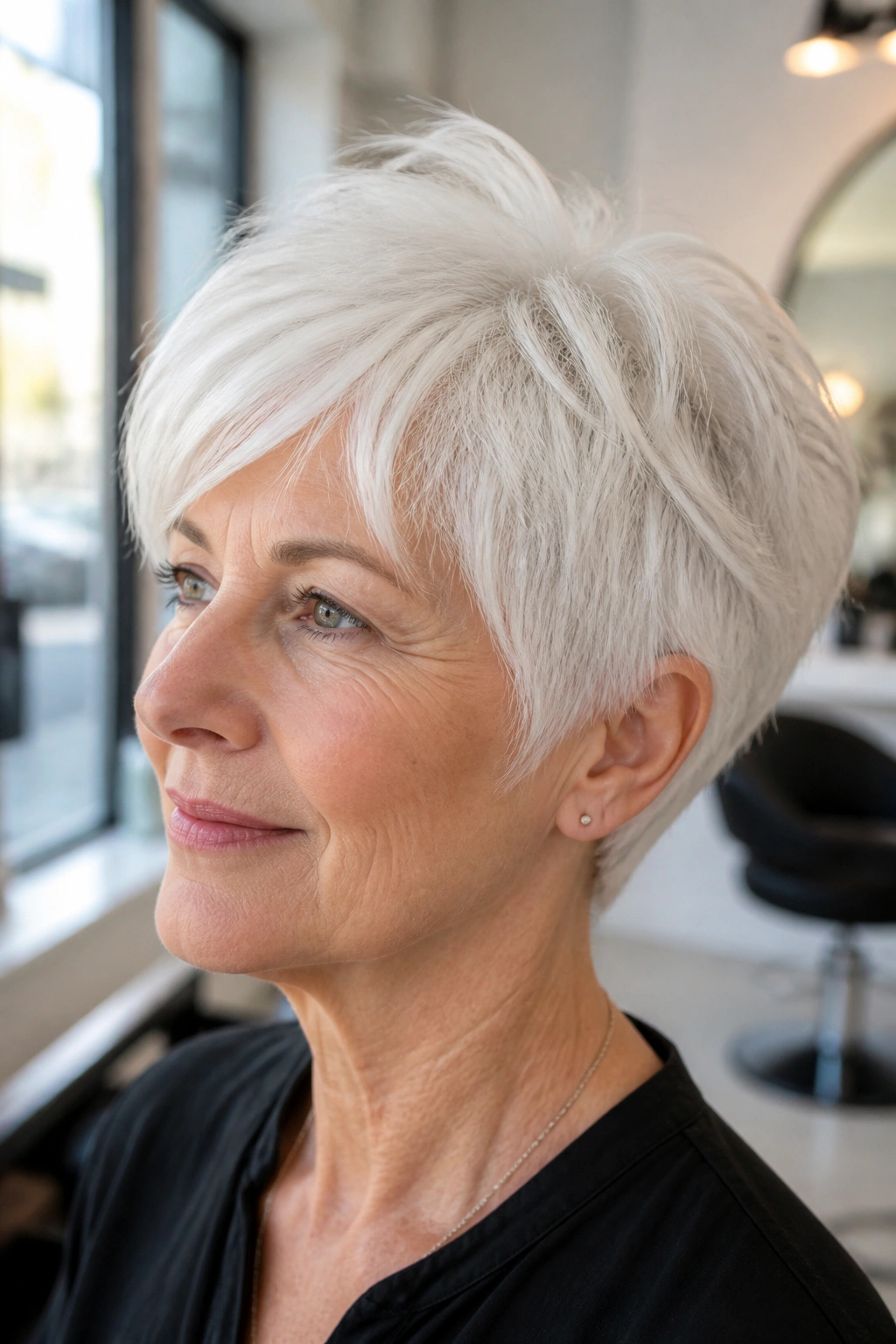 Close-up portrait of a real person with a feathered white crop hairstyle