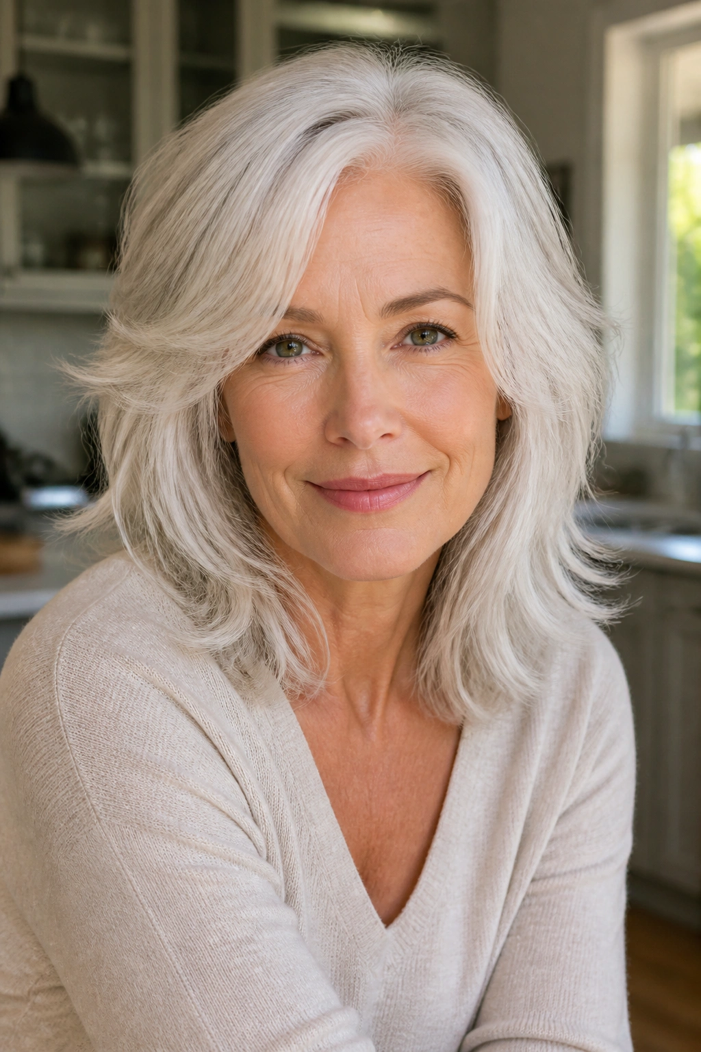 Portrait of a woman with feathered white mid-length layers in natural light