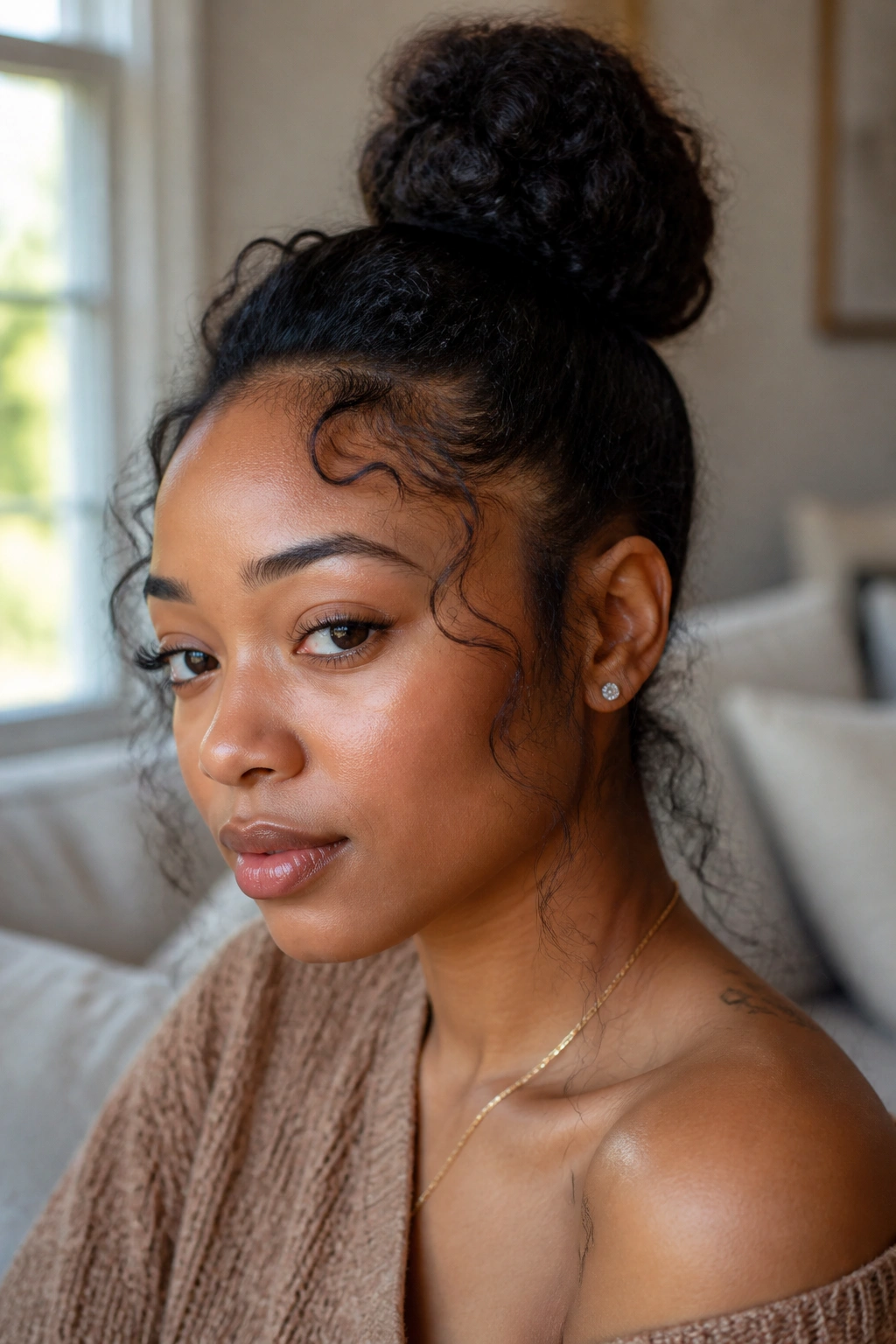Close-up of feathered wispy edges framing a real person's forehead