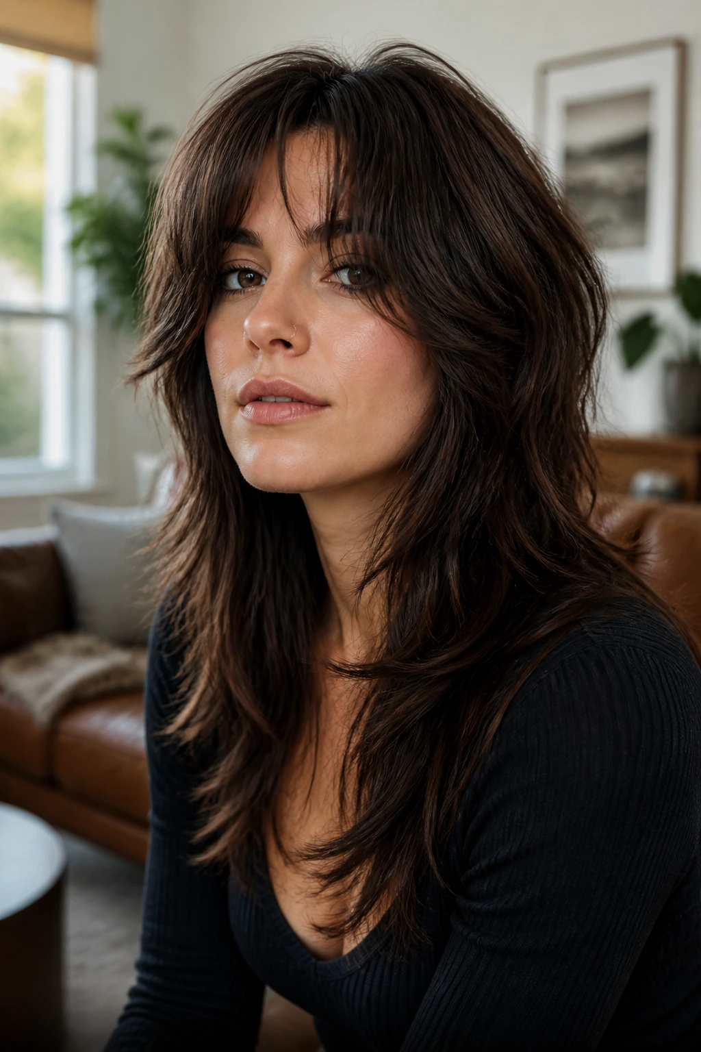 Close-up of a real woman with a feathered wolf cut and long layers under warm window light