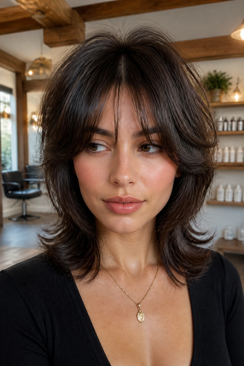 Close-up portrait of a real woman with feathered classic wolf cut and curtain bangs