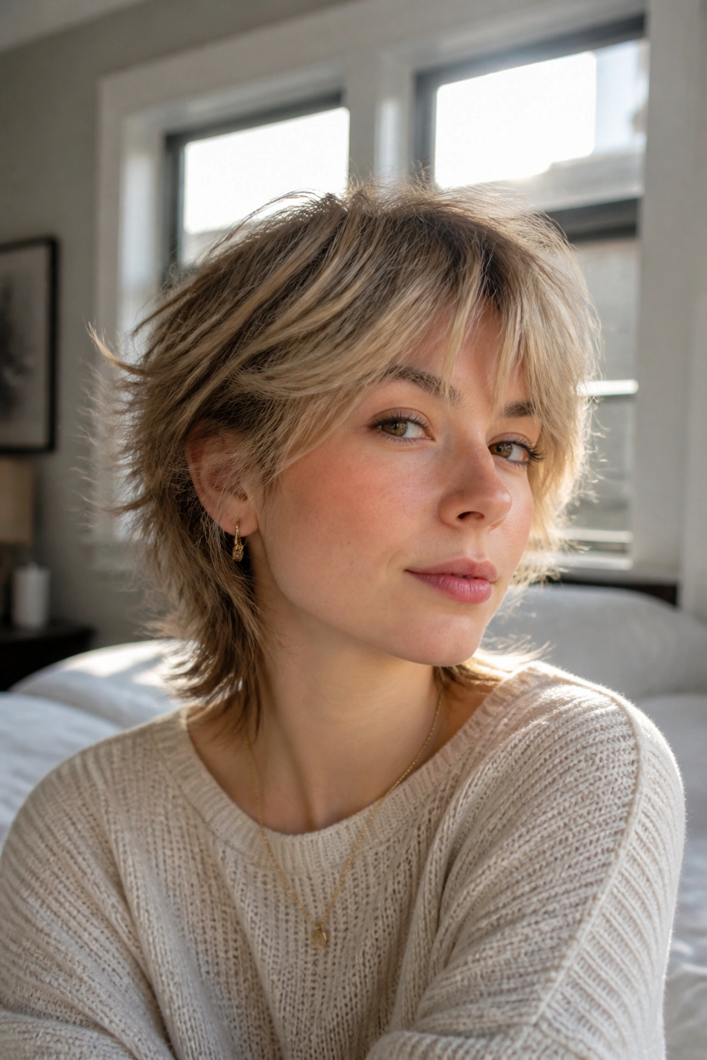 Portrait of a real woman with feathered wolf cut for fine hair in bright bedroom.