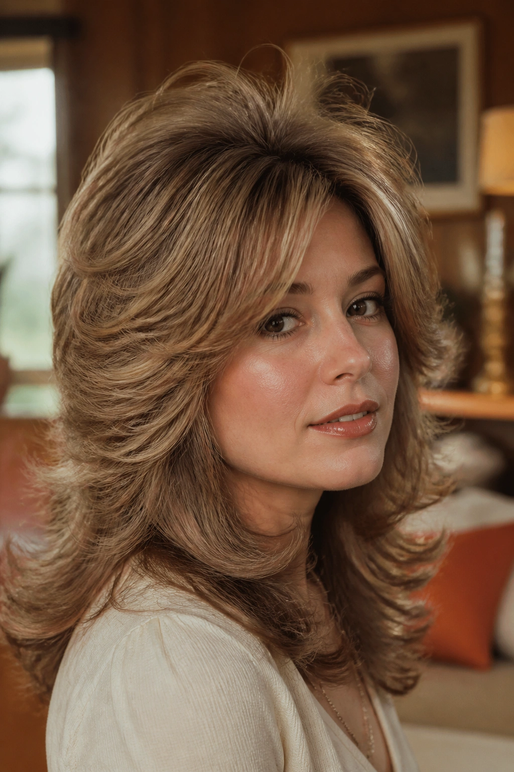 Close-up of a real woman with feathery 70s layers and crown lift