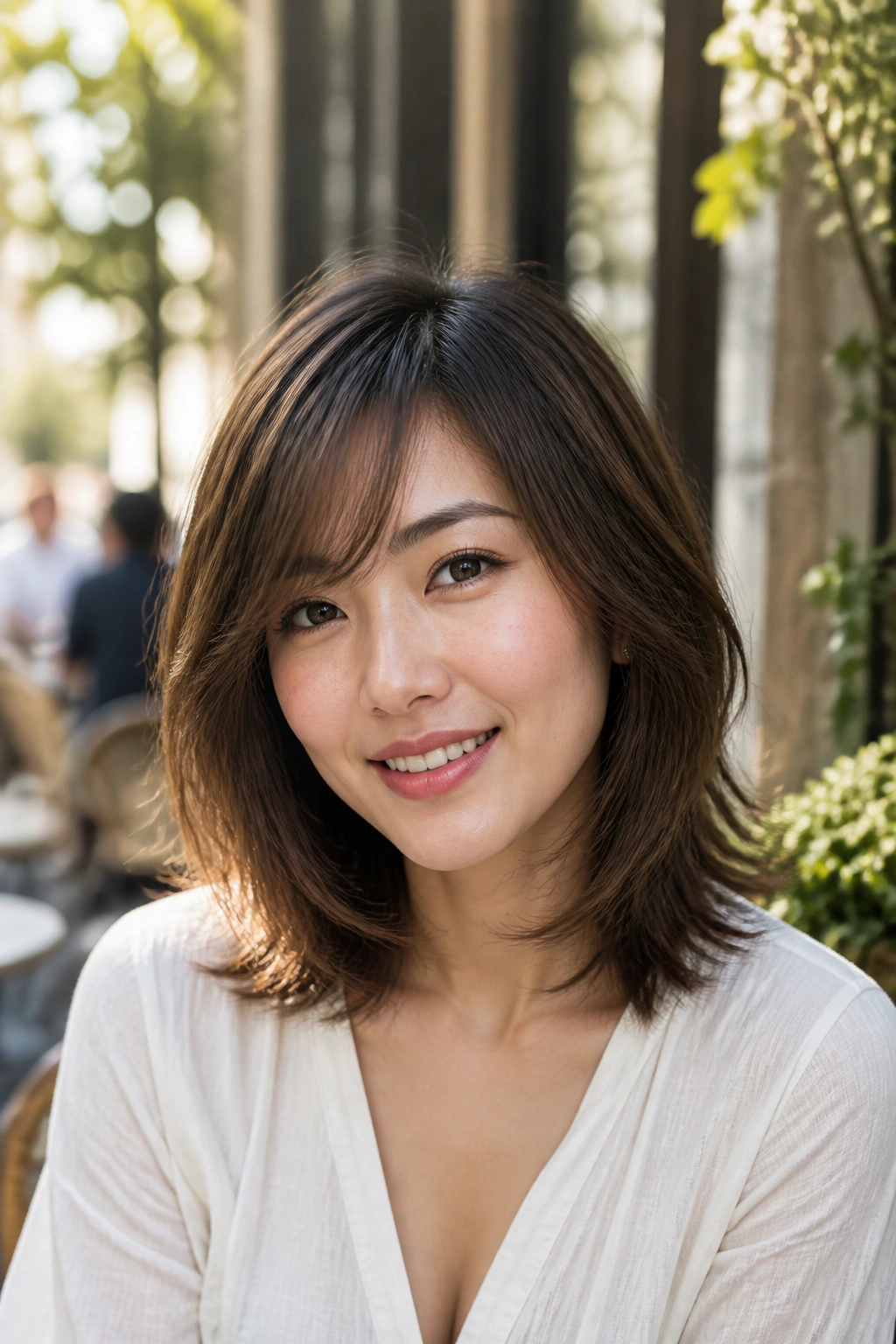 Close-up of a real woman with feathery shoulder cut and side-swept bangs.