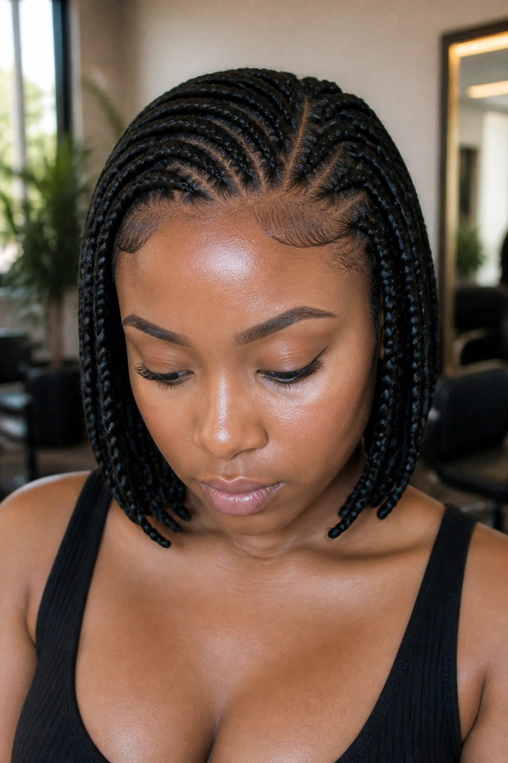 Close-up portrait of a real woman with sleek feed-in bob braids and a neat hairline