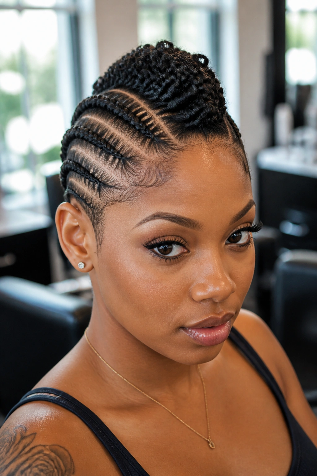 Close-up of a real Black woman's head with feed-in braid mohawk